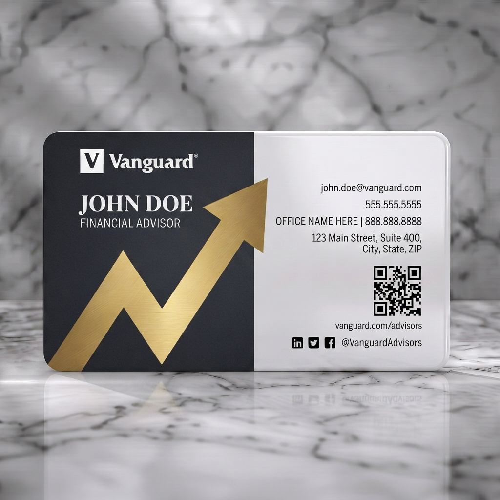 Solid white PVC business card featuring a two-tone design with a prominent gold arrow, professional typography, and social media icons