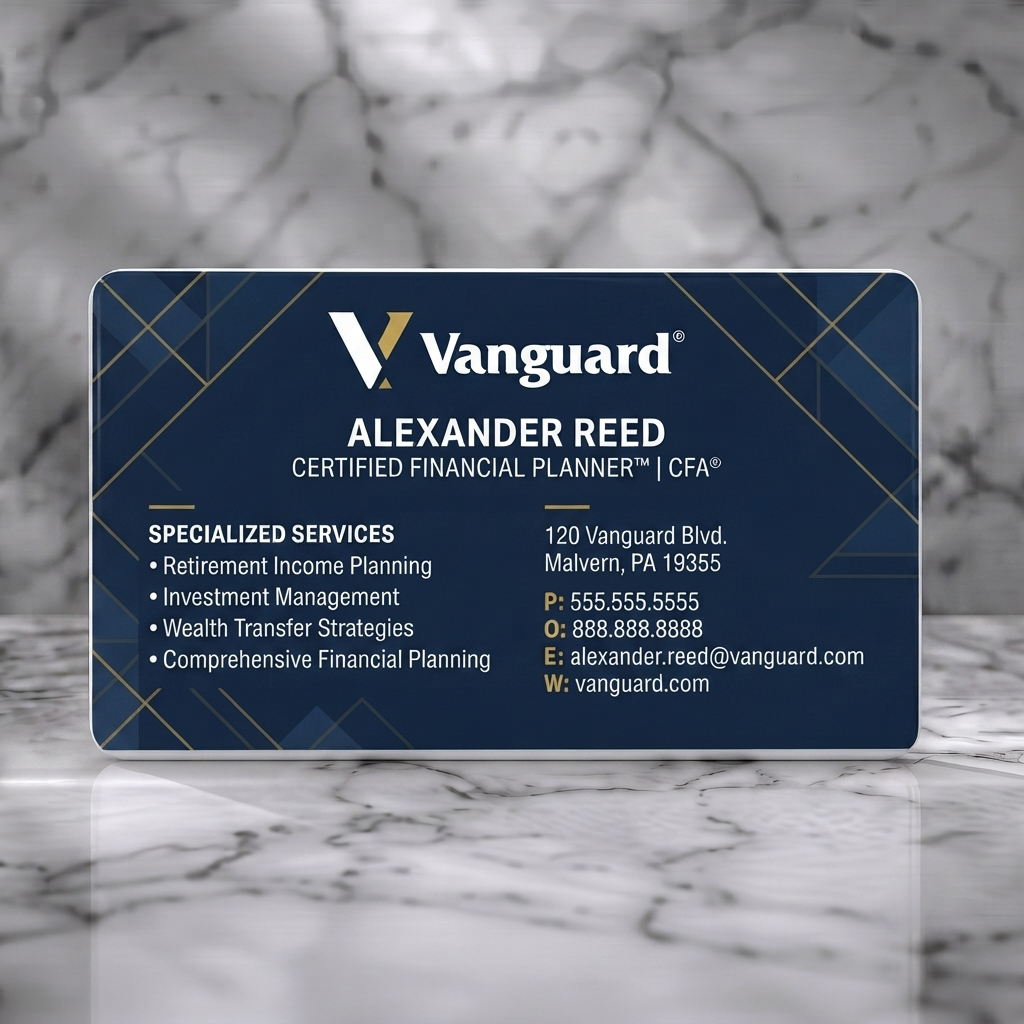 Solid white PVC business card featuring dark blue with gold geometric lines, crisp sans-serif text, and yellow contact details