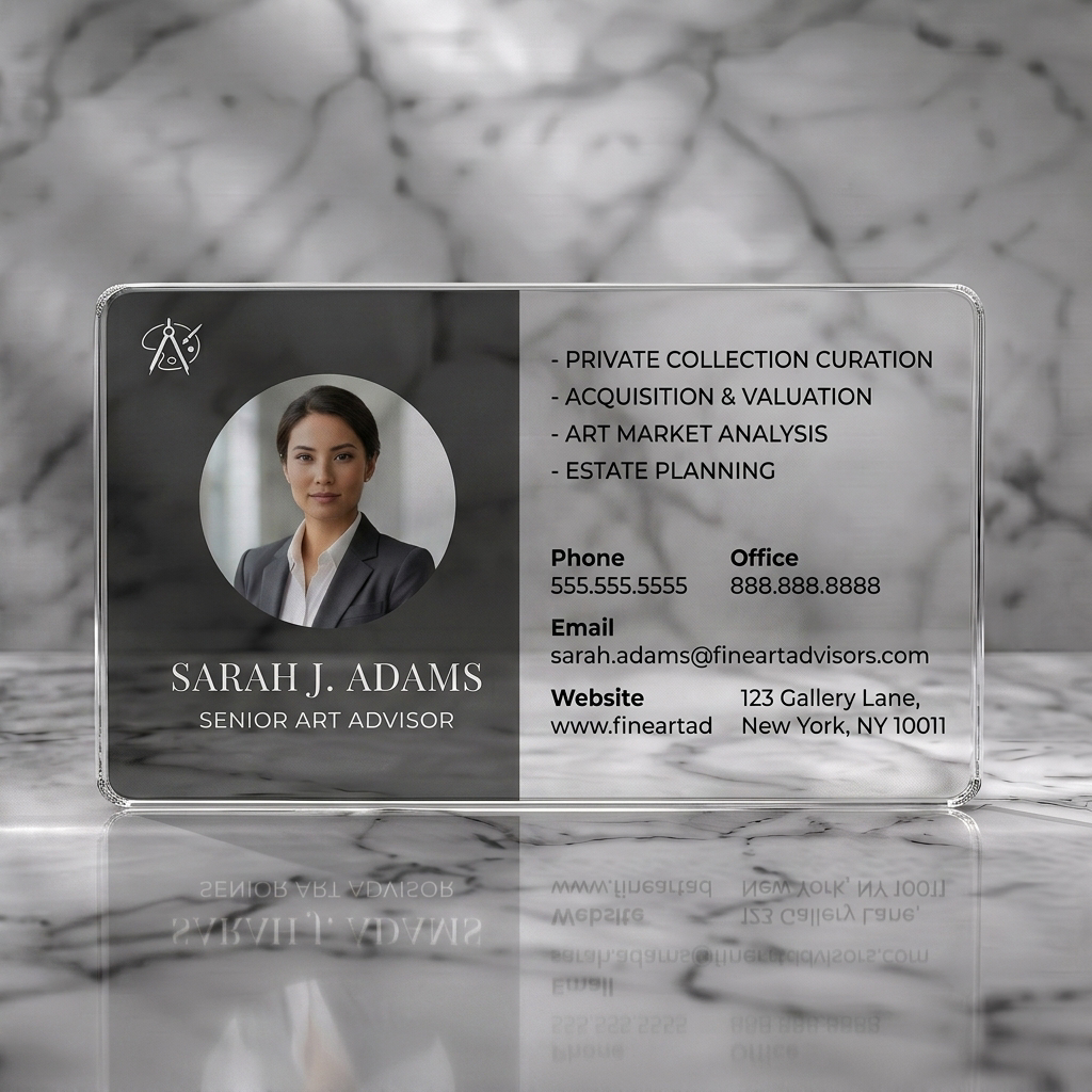 Clear plastic business card featuring a professional portrait and art logo on charcoal, with crisp service and contact details