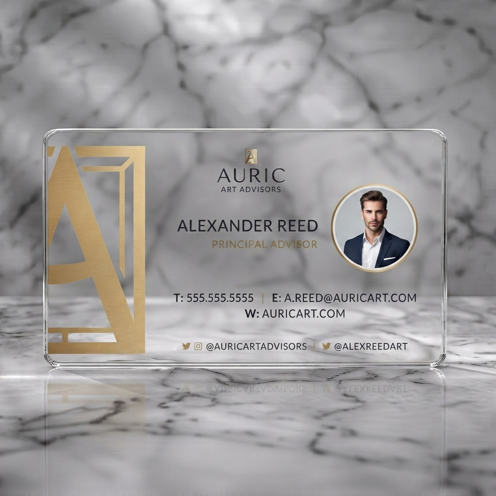 Clear plastic business card featuring sophisticated gold design, clean typography, professional headshot, and subtle social icons