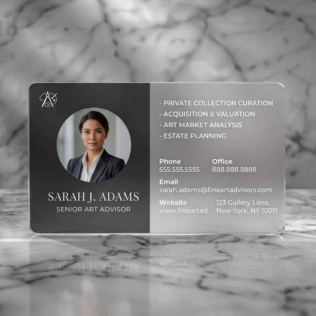 Frosted translucent plastic business card featuring a professional portrait and art logo on charcoal, with crisp service and contact details