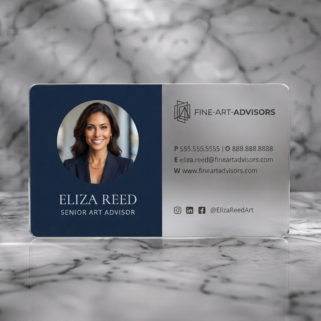 Frosted translucent plastic business card featuring a refined, two-toned design in navy and cream, featuring a profile photo, elegant type, and geometric logo