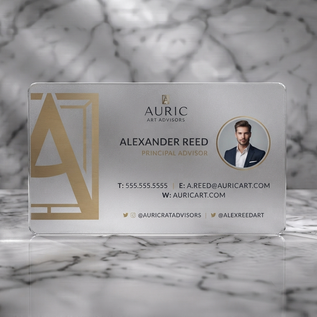 Frosted translucent plastic business card featuring sophisticated gold design, clean typography, professional headshot, and subtle social icons
