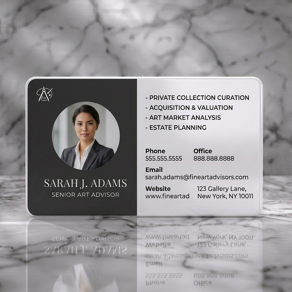 Solid white PVC business card featuring a professional portrait and art logo on charcoal, with crisp service and contact details