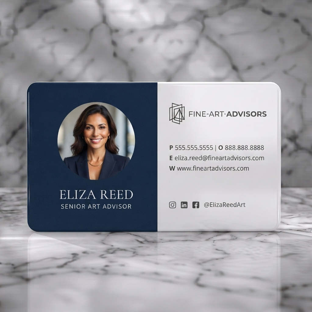 Solid white PVC business card featuring a refined, two-toned design in navy and cream, featuring a profile photo, elegant type, and geometric logo