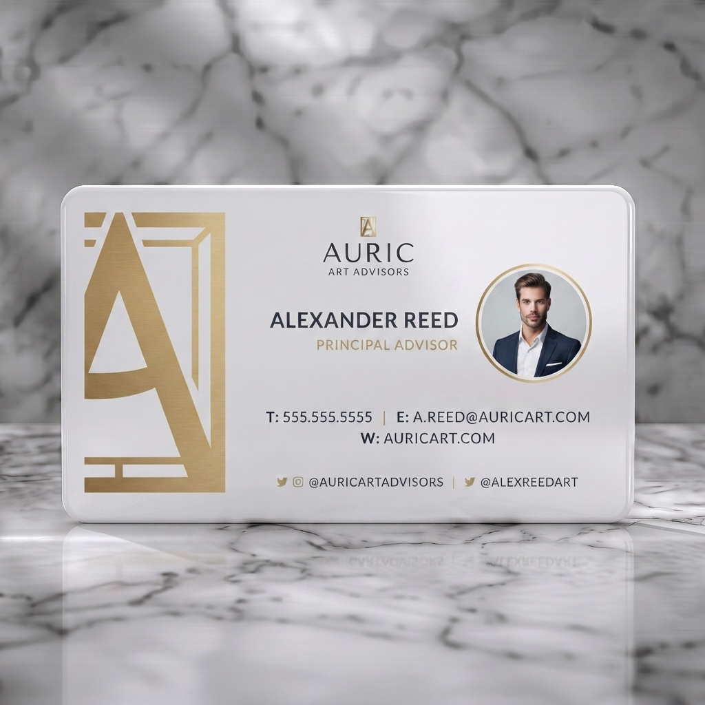 Solid white PVC business card featuring sophisticated gold design, clean typography, professional headshot, and subtle social icons
