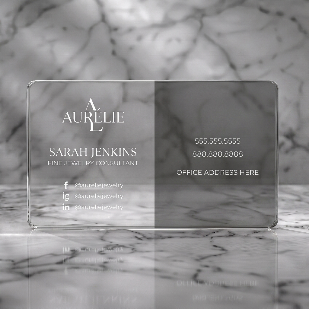 Clear plastic business card featuring elegant, modern split design featuring charcoal, diverse typography, and social icons