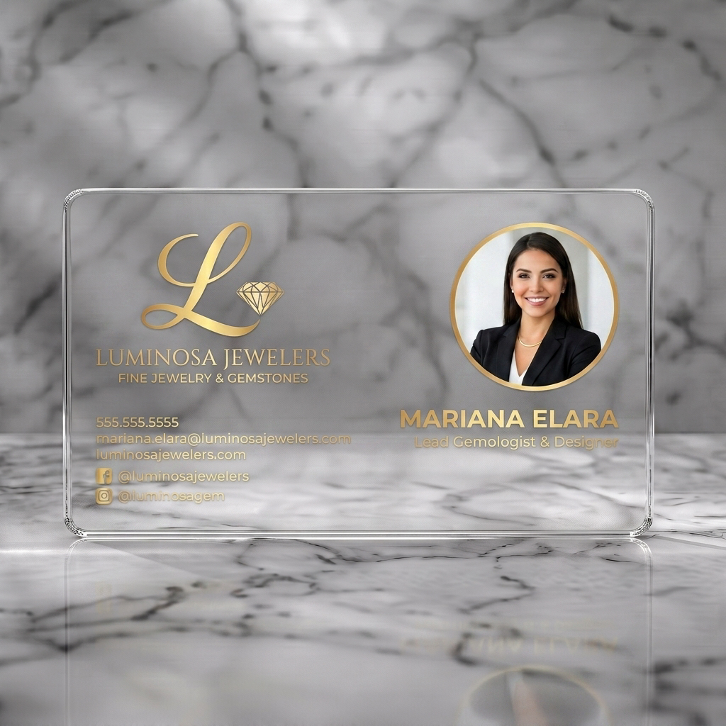 Clear plastic business card featuring luxury gold initial L diamond logo, professional headshot, gold & white typography, social icons