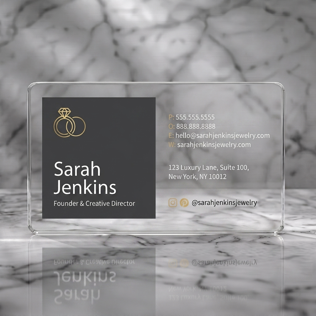 Clear plastic business card featuring modern, clean design with a charcoal, gold, and white palette, sans-serif text, and ring logo