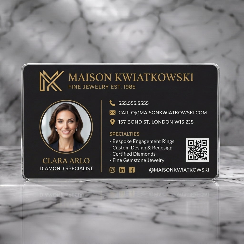 Clear plastic business card featuring sophisticated black and gold design, elegant serif logo, professional portrait, and clear contact icons