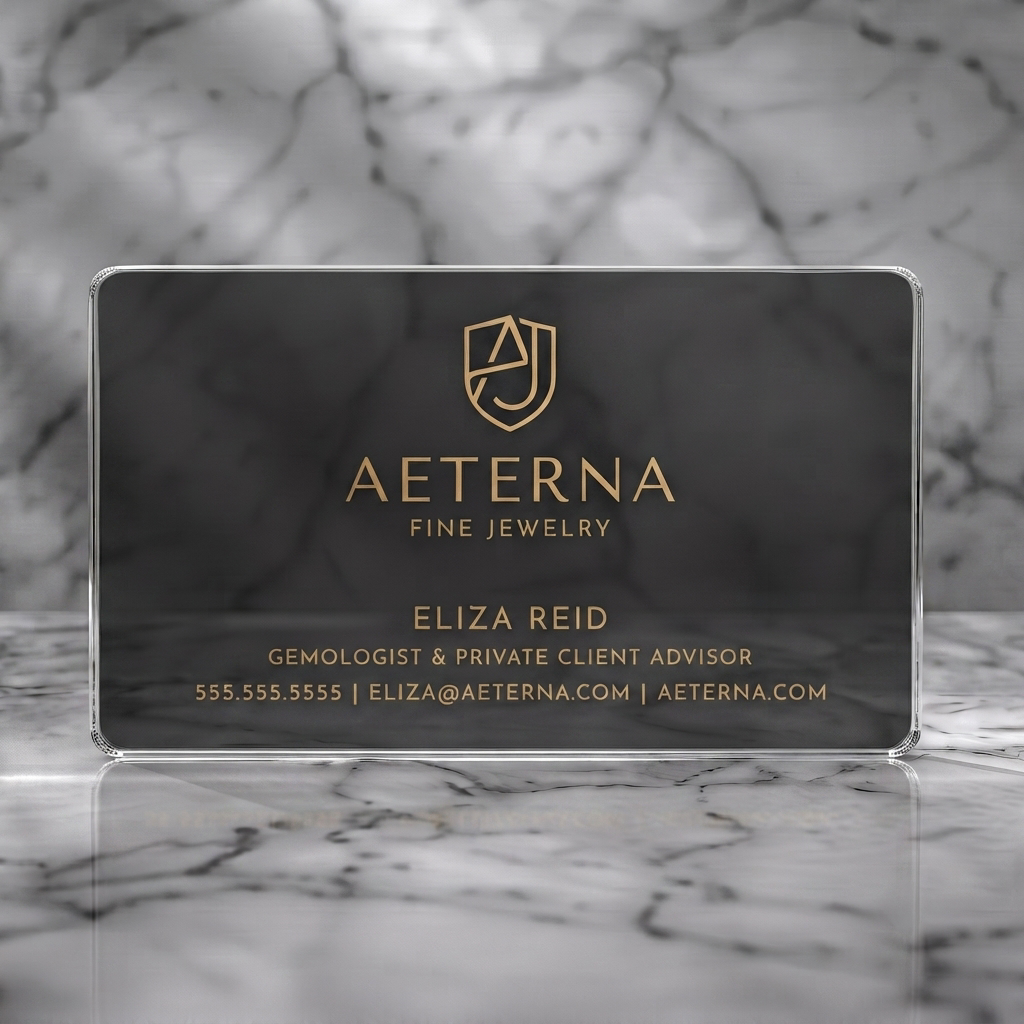Clear plastic business card featuring luxurious gold typography, custom A&J shield monogram, and elegant sans-serifs on a black field