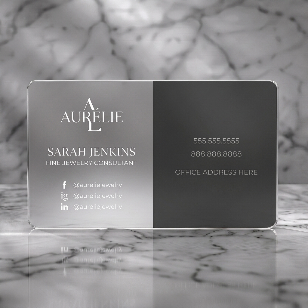 Frosted translucent plastic business card featuring elegant, modern split design featuring charcoal, diverse typography, and social icons
