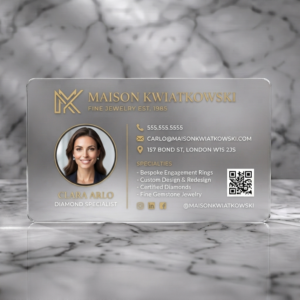 Frosted translucent plastic business card featuring sophisticated black and gold design, elegant serif logo, professional portrait, and clear contact icons