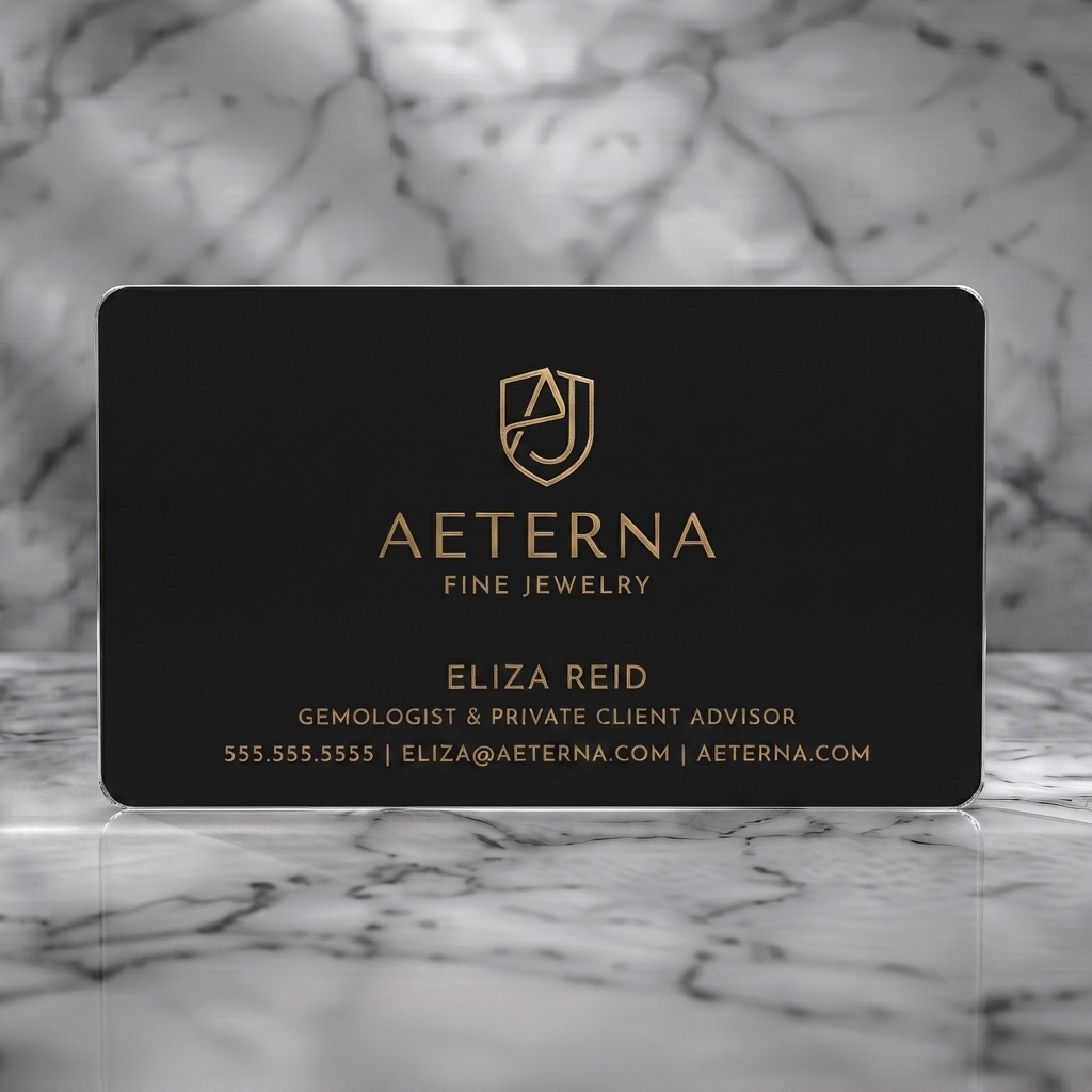 Frosted translucent plastic business card featuring luxurious gold typography, custom A&J shield monogram, and elegant sans-serifs on a black field