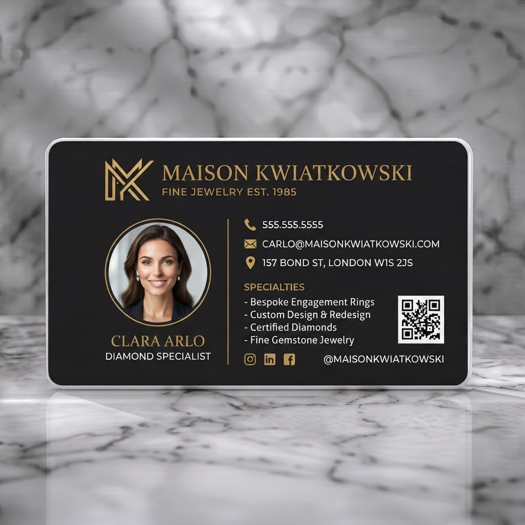 Solid white PVC business card featuring sophisticated black and gold design, elegant serif logo, professional portrait, and clear contact icons