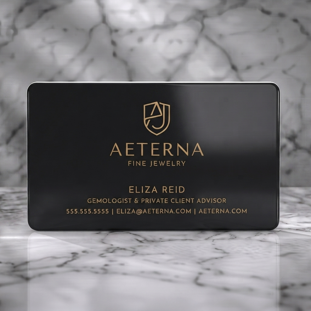 Solid white PVC business card featuring luxurious gold typography, custom A&J shield monogram, and elegant sans-serifs on a black field