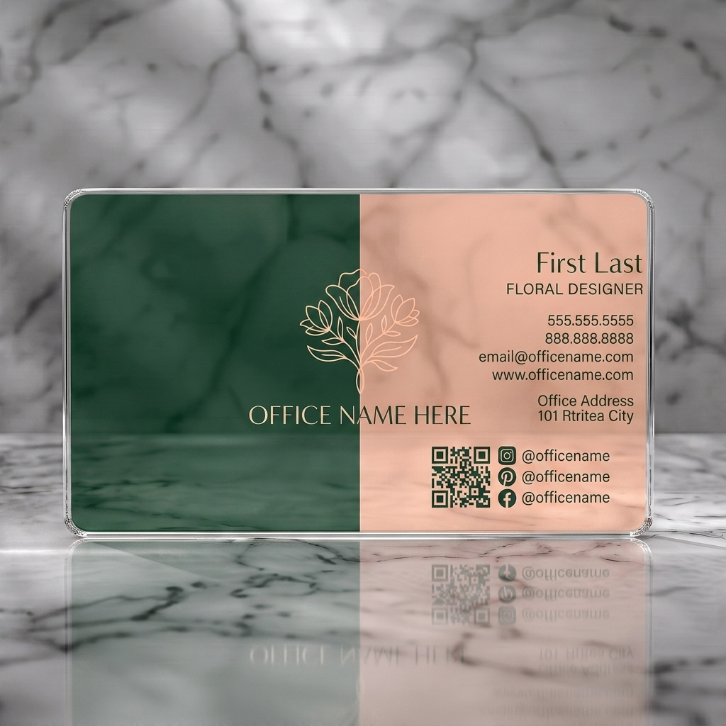Clear plastic business card featuring a two-tone design with dark green and peach, elegant line-art floral, mixed typography, and social icons