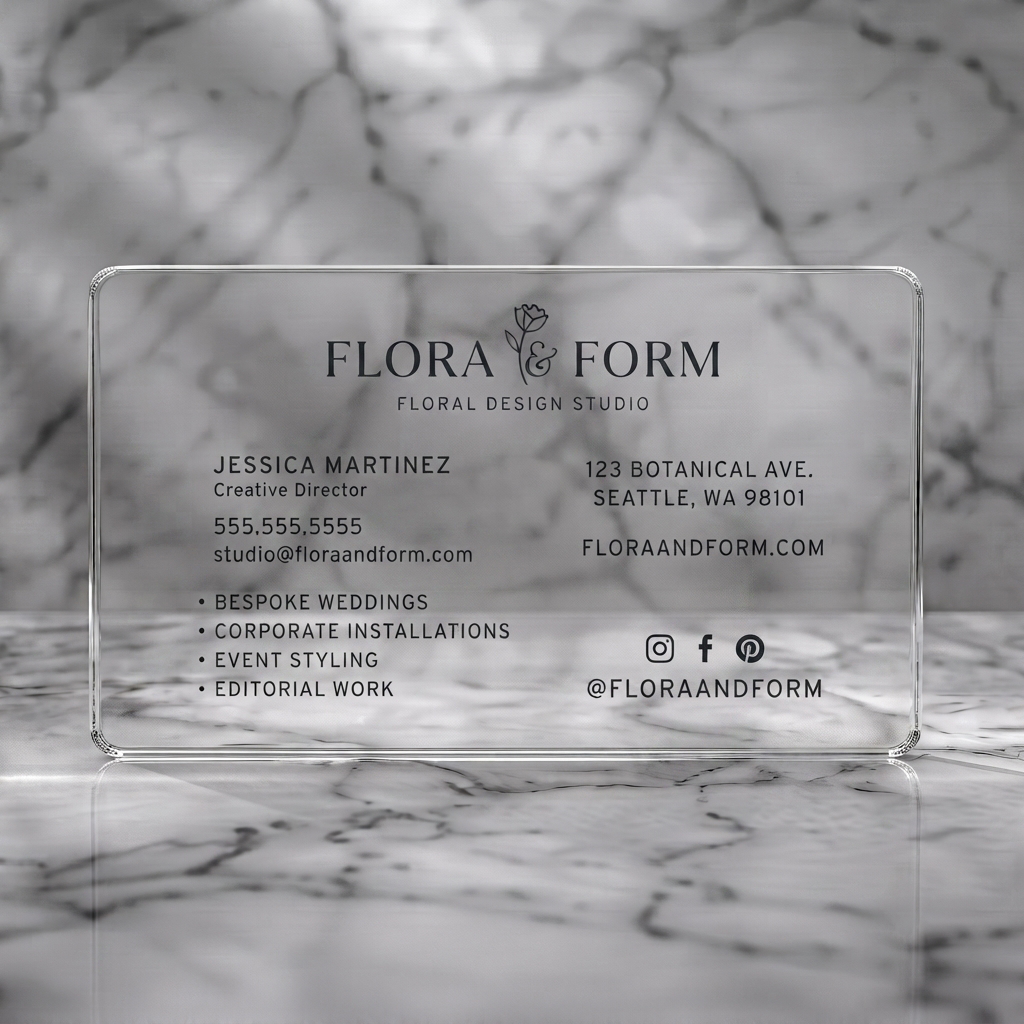 Clear plastic business card featuring elegant, minimalist floral design, dark gray/green palette, sans-serif typography, social icons