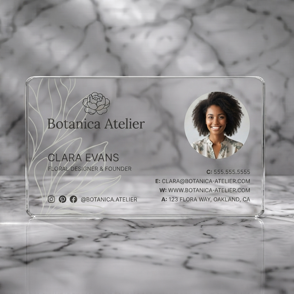 Clear plastic business card featuring elegant minimalist design, floral logo, natural palette, serif & sans-serif fonts, profile photo