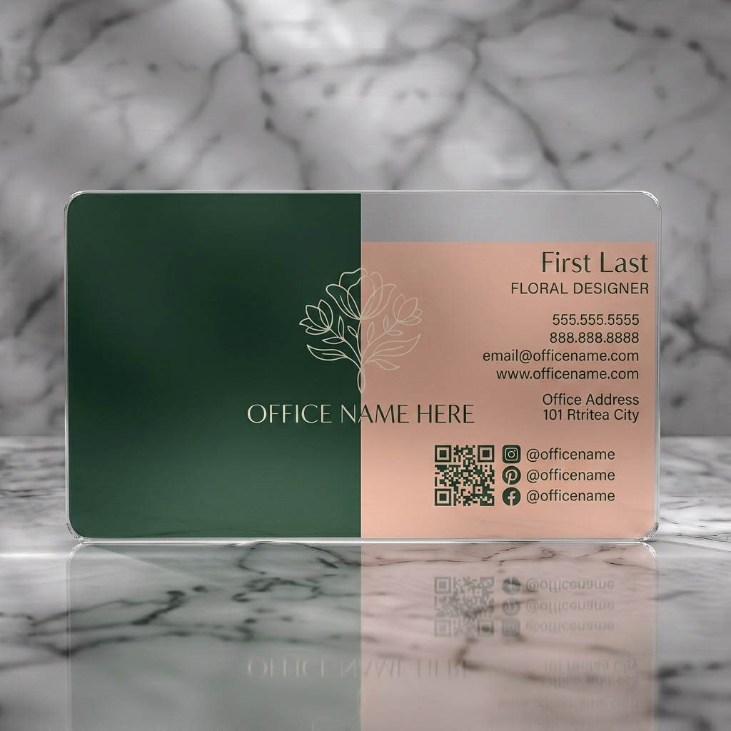 Frosted translucent plastic business card featuring a two-tone design with dark green and peach, elegant line-art floral, mixed typography, and social icons