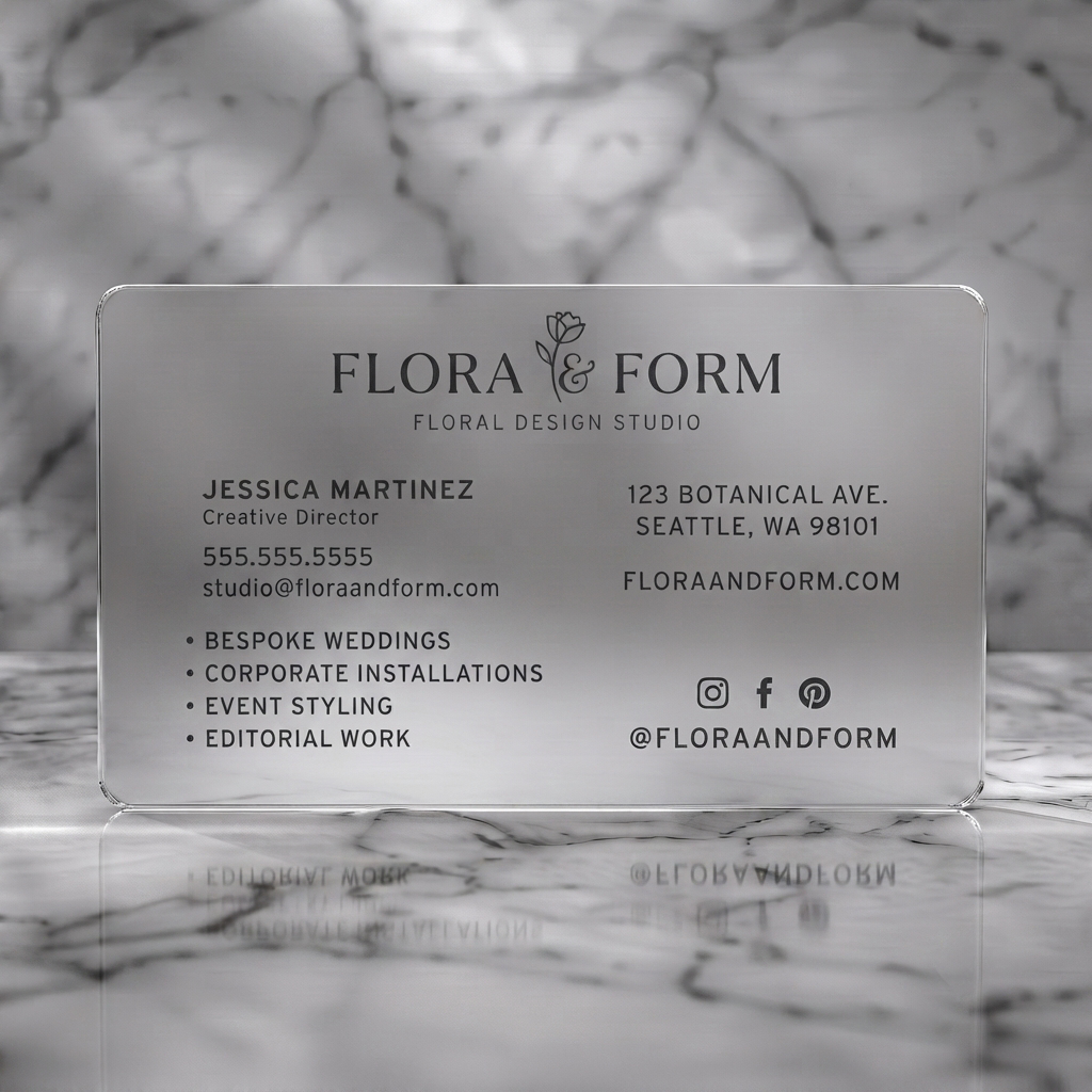 Frosted translucent plastic business card featuring elegant, minimalist floral design, dark gray/green palette, sans-serif typography, social icons