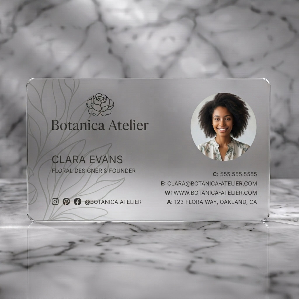 Frosted translucent plastic business card featuring elegant minimalist design, floral logo, natural palette, serif & sans-serif fonts, profile photo