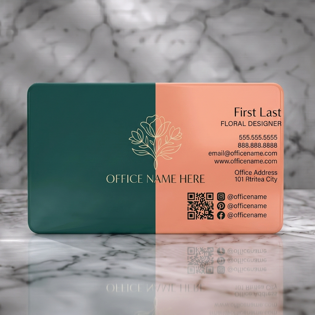 Solid white PVC business card featuring a two-tone design with dark green and peach, elegant line-art floral, mixed typography, and social icons