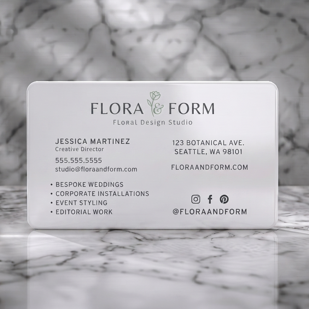 Solid white PVC business card featuring elegant, minimalist floral design, dark gray/green palette, sans-serif typography, social icons