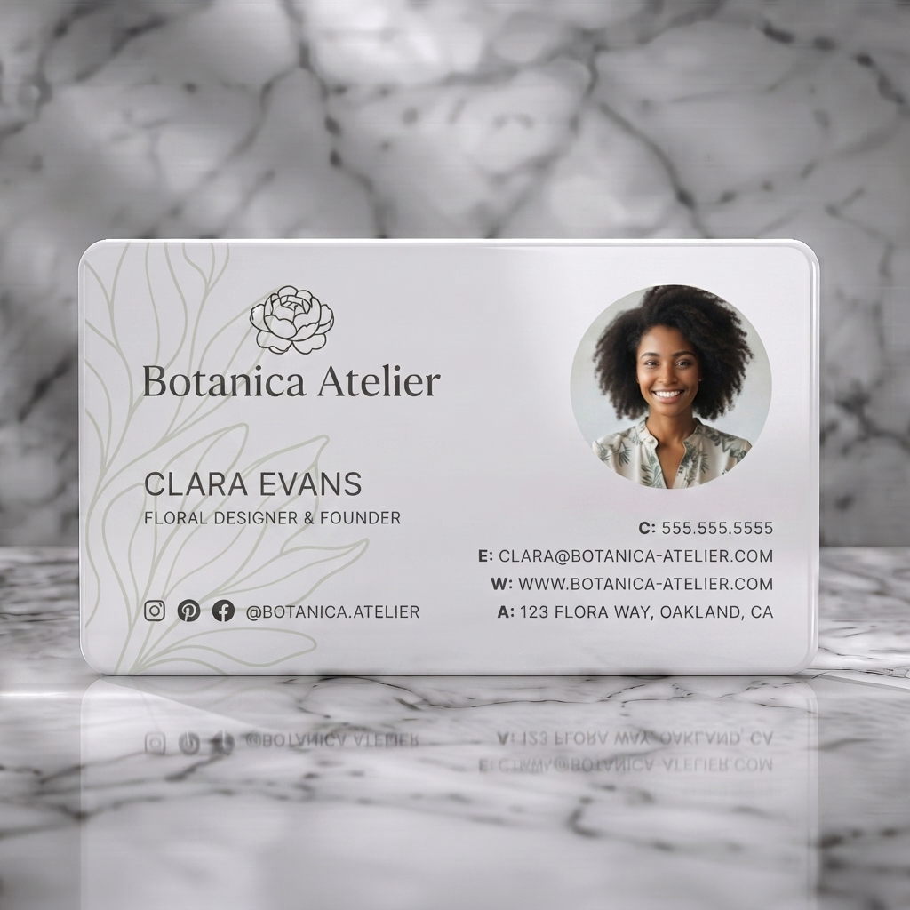 Solid white PVC business card featuring elegant minimalist design, floral logo, natural palette, serif & sans-serif fonts, profile photo