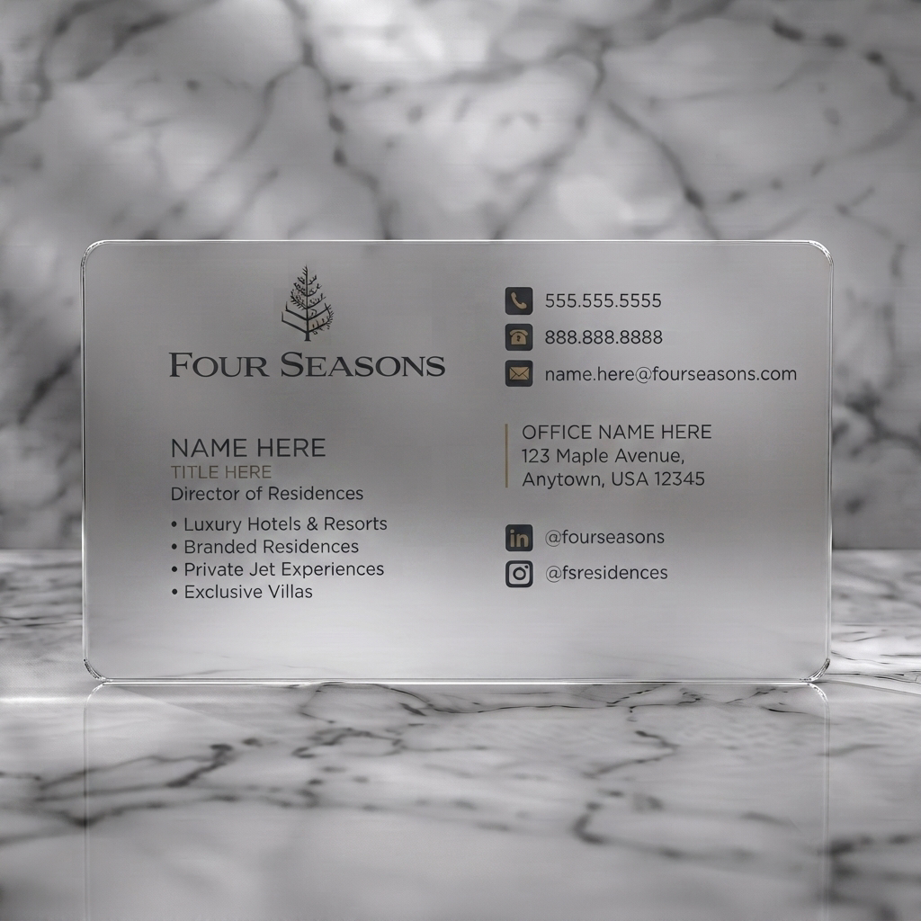 Frosted translucent plastic business card featuring clean, minimalist design, charcoal and off-white palette, elegant serif/sans-serif typography, and key contact icons