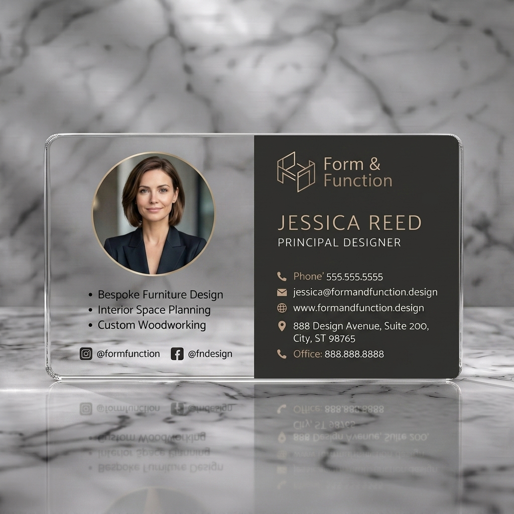 Clear plastic business card featuring a modern split layout, geometric logo, elegant gold and dark grey palette, clean sans-serif typography, and icons