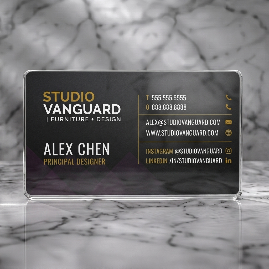 Clear plastic business card featuring a dark card with purple geometric patterns, gold and white sans-serif typography, and minimalist gold icons