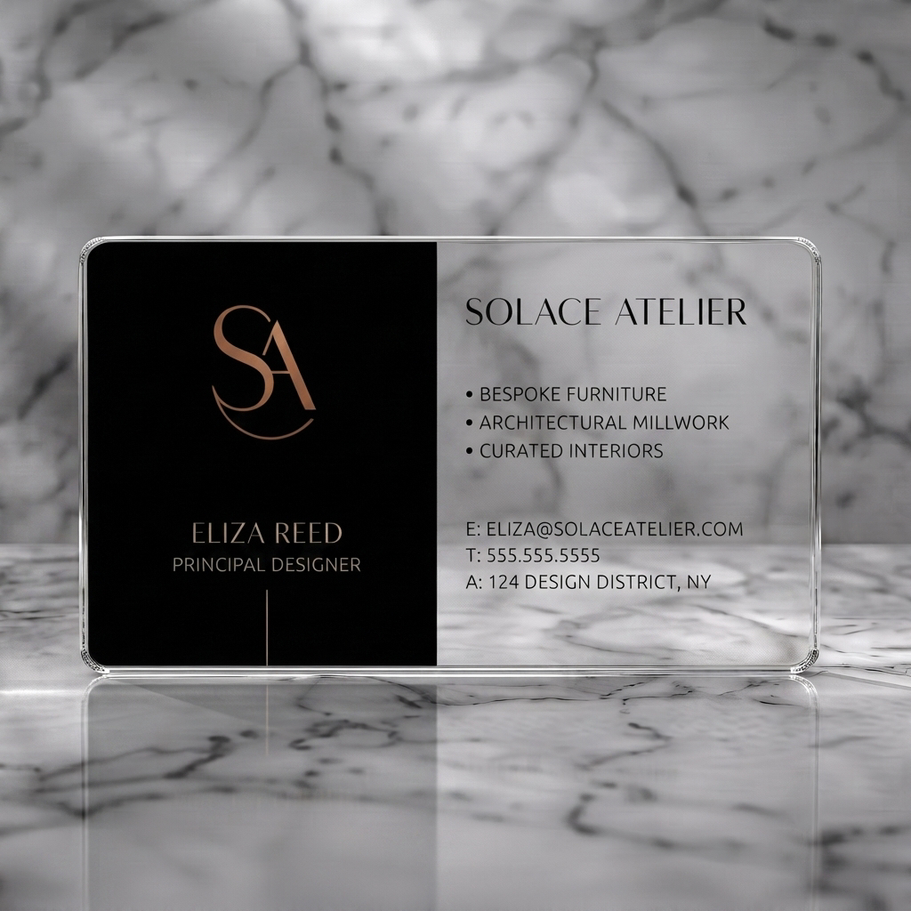 Clear plastic business card featuring two-tone black and grey design, bronze SA monogram, and classic serif typography for a luxurious feel