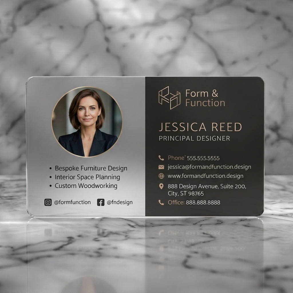Frosted translucent plastic business card featuring a modern split layout, geometric logo, elegant gold and dark grey palette, clean sans-serif typography, and icons