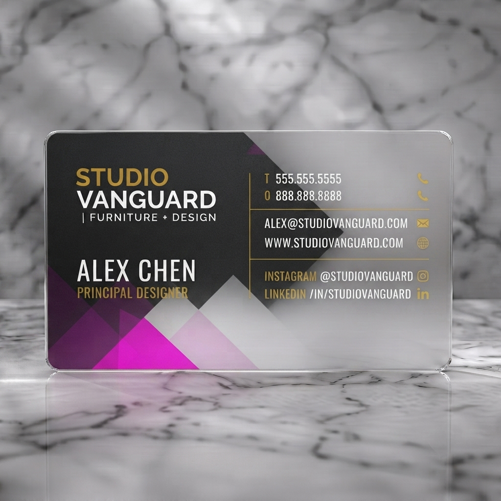 Frosted translucent plastic business card featuring a dark card with purple geometric patterns, gold and white sans-serif typography, and minimalist gold icons