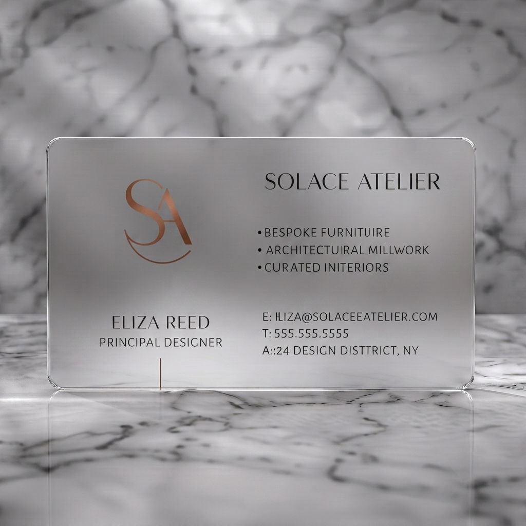 Frosted translucent plastic business card featuring two-tone black and grey design, bronze SA monogram, and classic serif typography for a luxurious feel