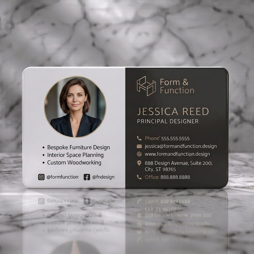 Solid white PVC business card featuring a modern split layout, geometric logo, elegant gold and dark grey palette, clean sans-serif typography, and icons