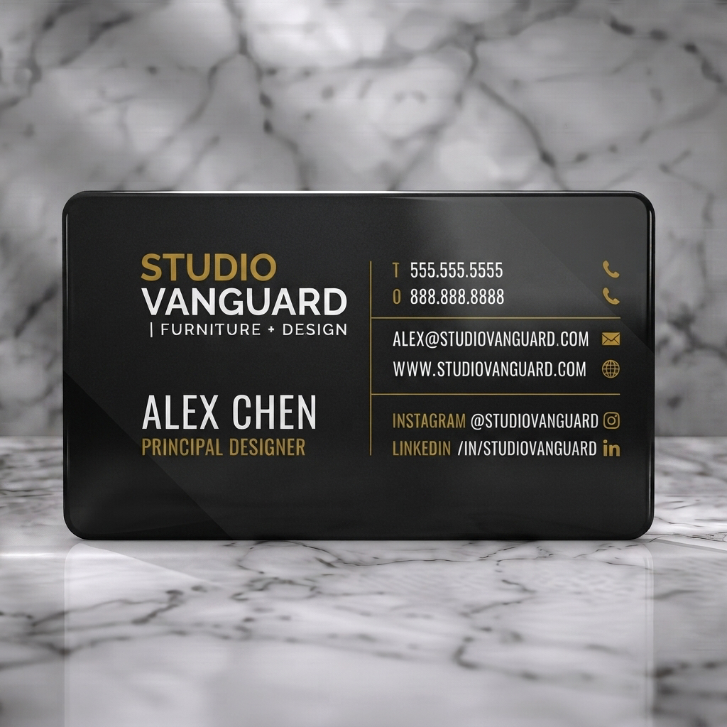 Solid white PVC business card featuring a dark card with purple geometric patterns, gold and white sans-serif typography, and minimalist gold icons