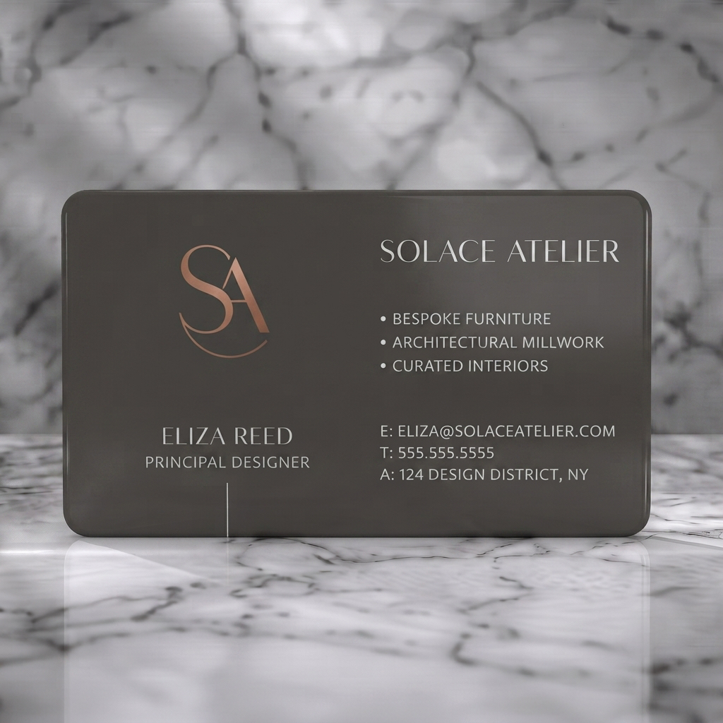 Solid white PVC business card featuring two-tone black and grey design, bronze SA monogram, and classic serif typography for a luxurious feel