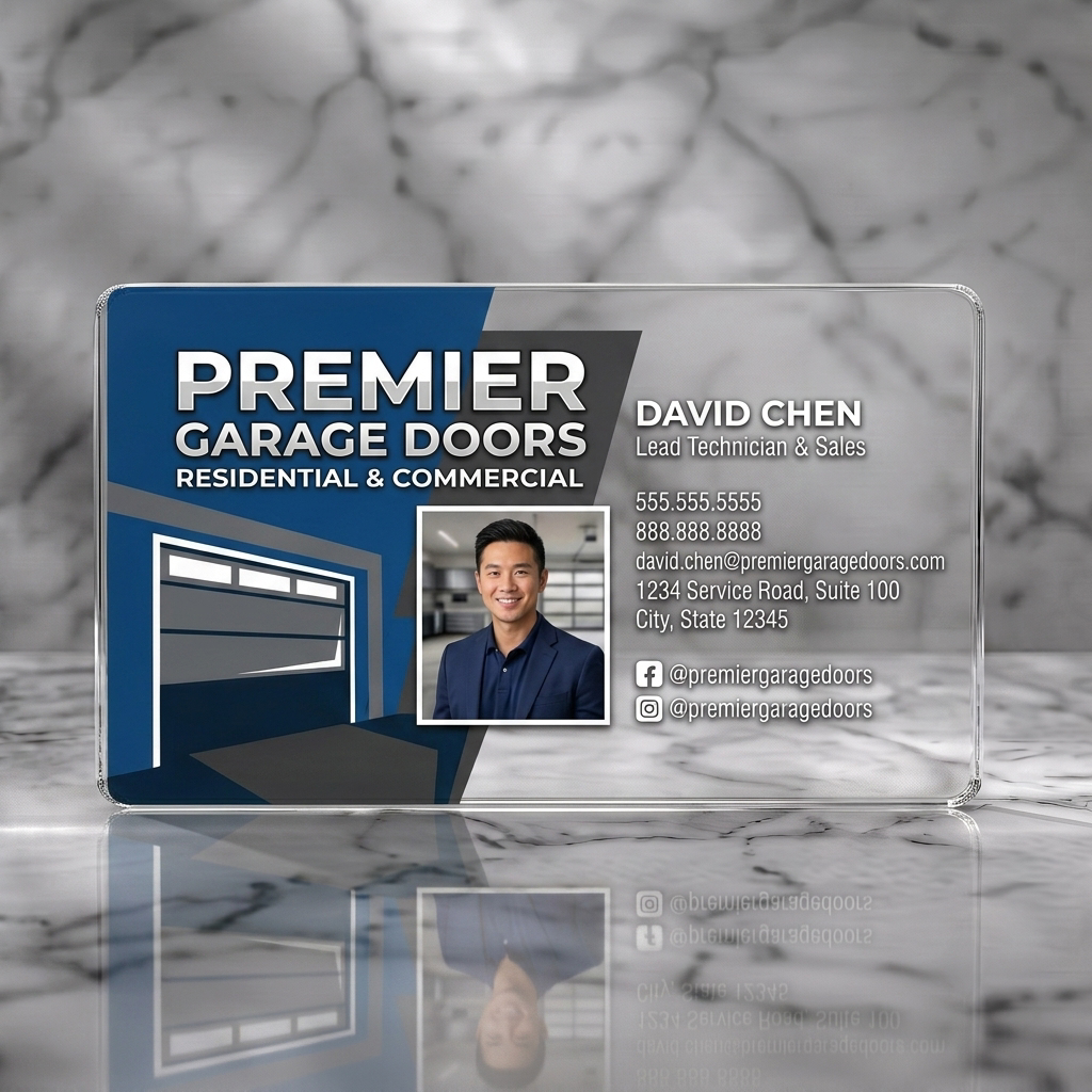 Clear plastic business card featuring a professional blue and white design, bold text, garage door illustration, and social media icons