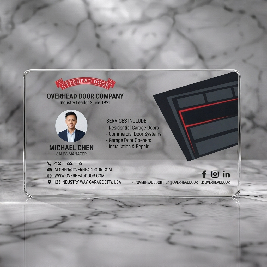 Clear plastic business card featuring a modern, professional design with red & black, sans-serif typography, a photo, and garage door graphic