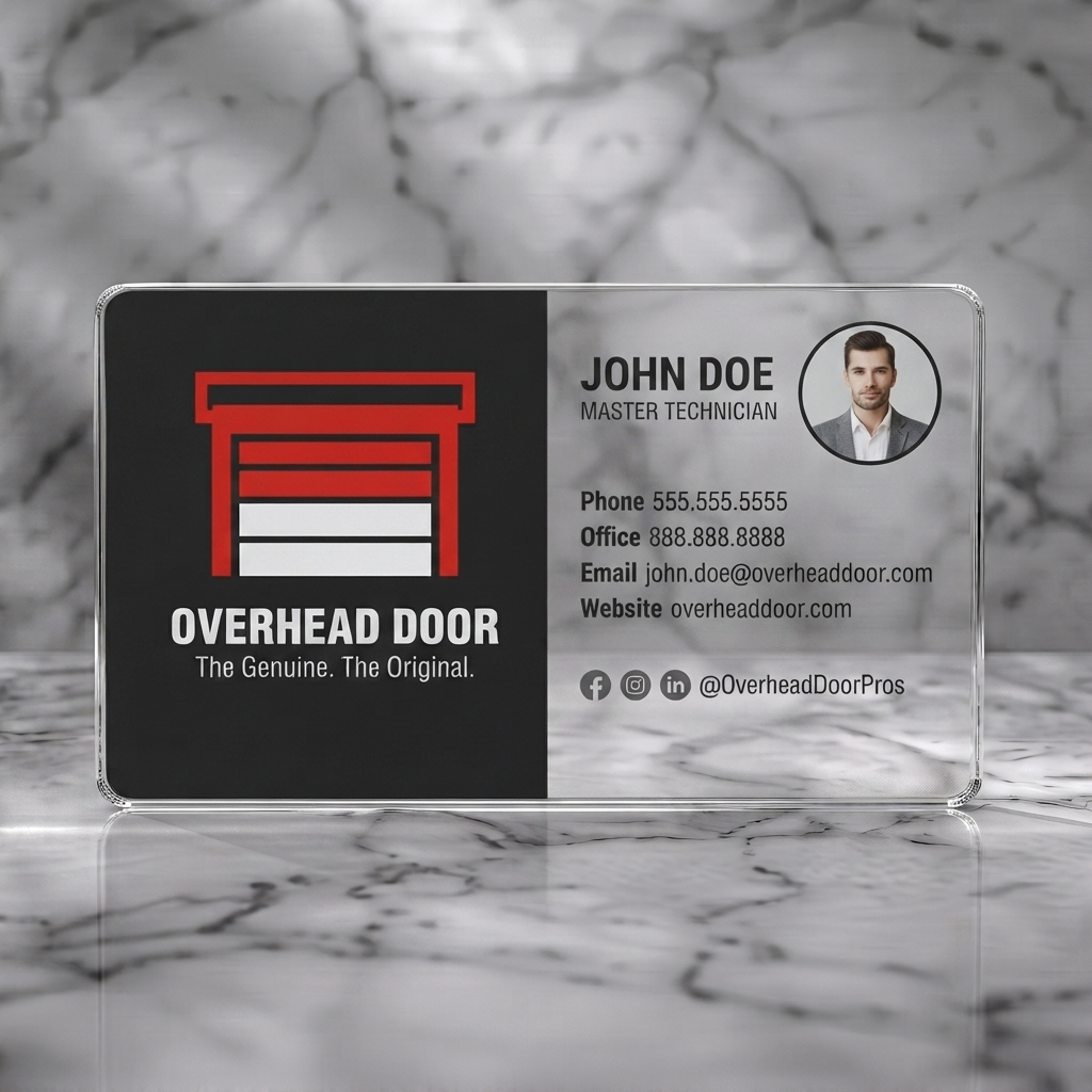Clear plastic business card featuring modern split layout with red garage door logo, black and white branding, sans-serif text, and social icons
