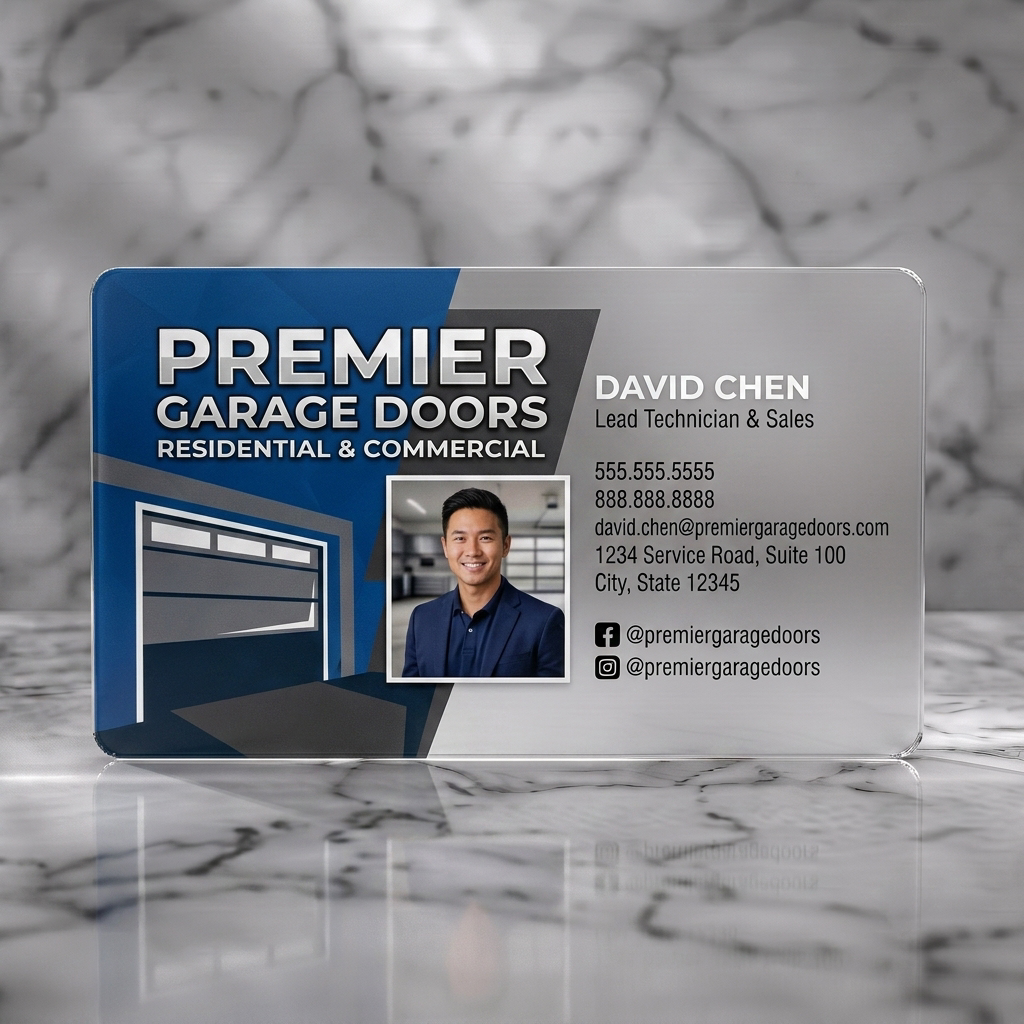 Frosted translucent plastic business card featuring a professional blue and white design, bold text, garage door illustration, and social media icons