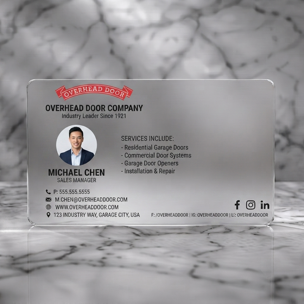 Frosted translucent plastic business card featuring a modern, professional design with red & black, sans-serif typography, a photo, and garage door graphic