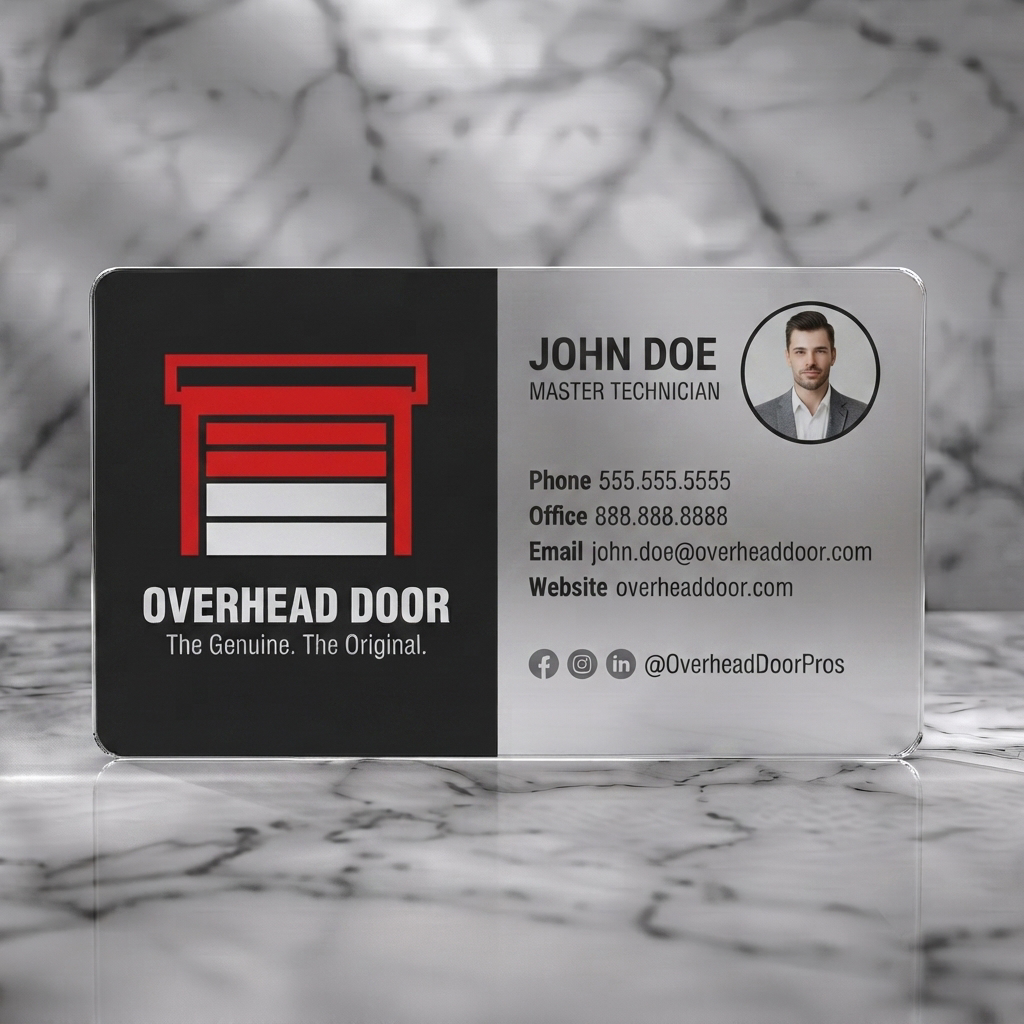 Frosted translucent plastic business card featuring modern split layout with red garage door logo, black and white branding, sans-serif text, and social icons