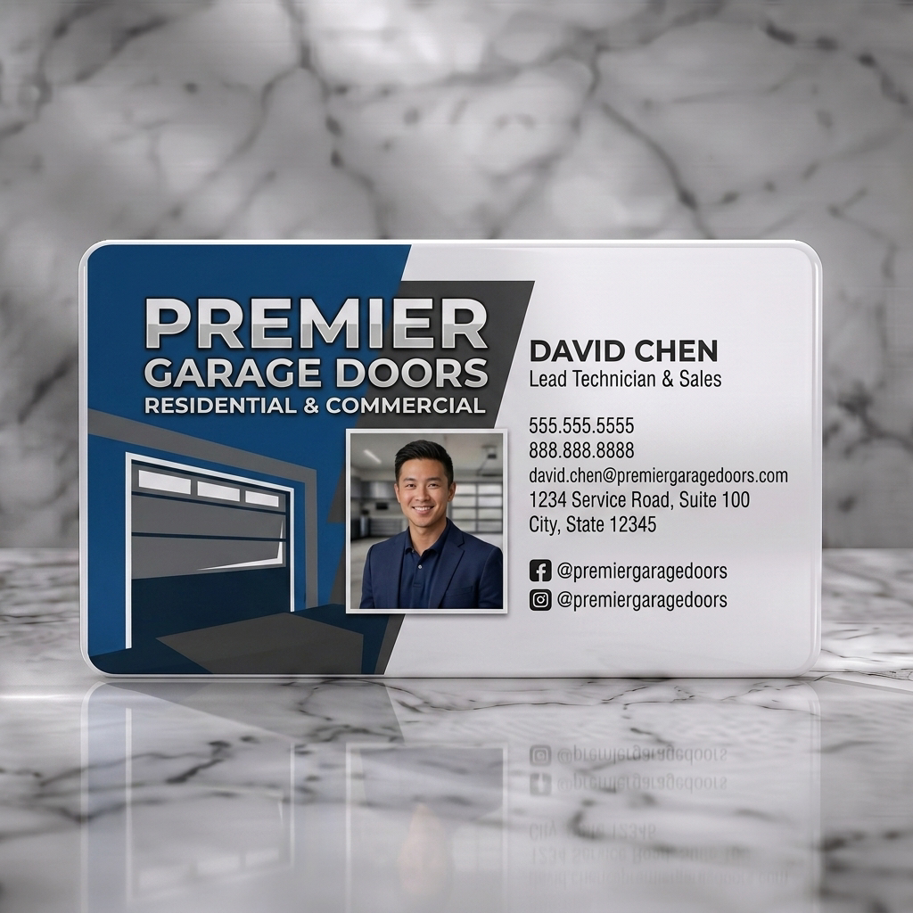 Solid white PVC business card featuring a professional blue and white design, bold text, garage door illustration, and social media icons