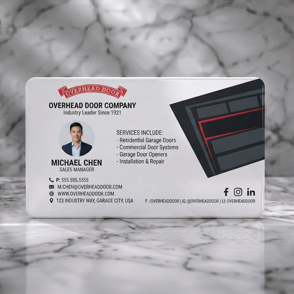 Solid white PVC business card featuring a modern, professional design with red & black, sans-serif typography, a photo, and garage door graphic