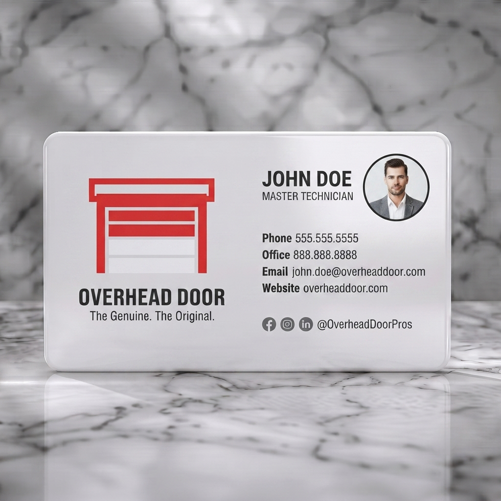Solid white PVC business card featuring modern split layout with red garage door logo, black and white branding, sans-serif text, and social icons