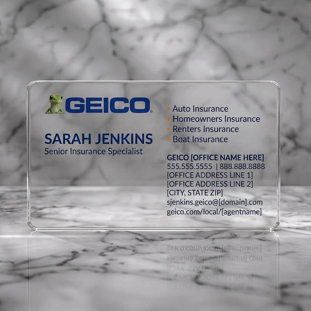 Clear plastic business card featuring gEICO gecko logo, corporate blue text, clean sans-serif fonts, and orange bullet points