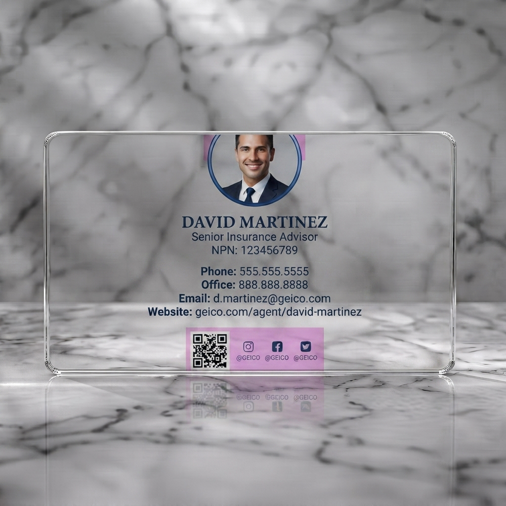 Clear plastic business card featuring gEICO gecko logo, professional portrait, blue branding, crisp serif text, social icons, QR code